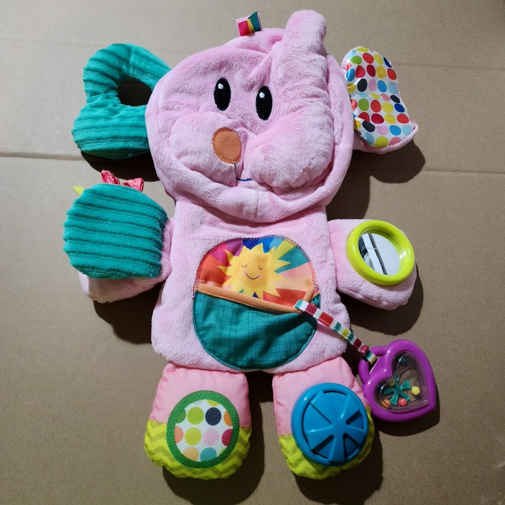 Pink Elephant Activity Plush Sensory Toy Mirror Rattle Crinkle Infant Toddler